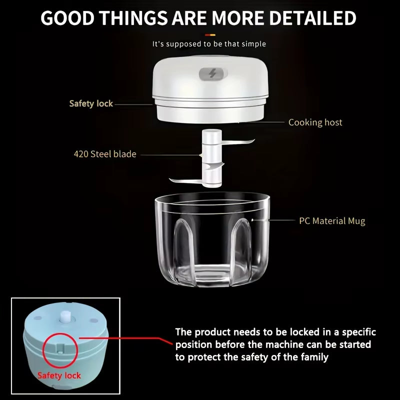 250Ml Mini Rechargeable Garlic Chopper Meat Grinder, Durable and Sturdy, Suitable for Crushing Garlic, Chili, Onions, Minced Meat, Nuts and More